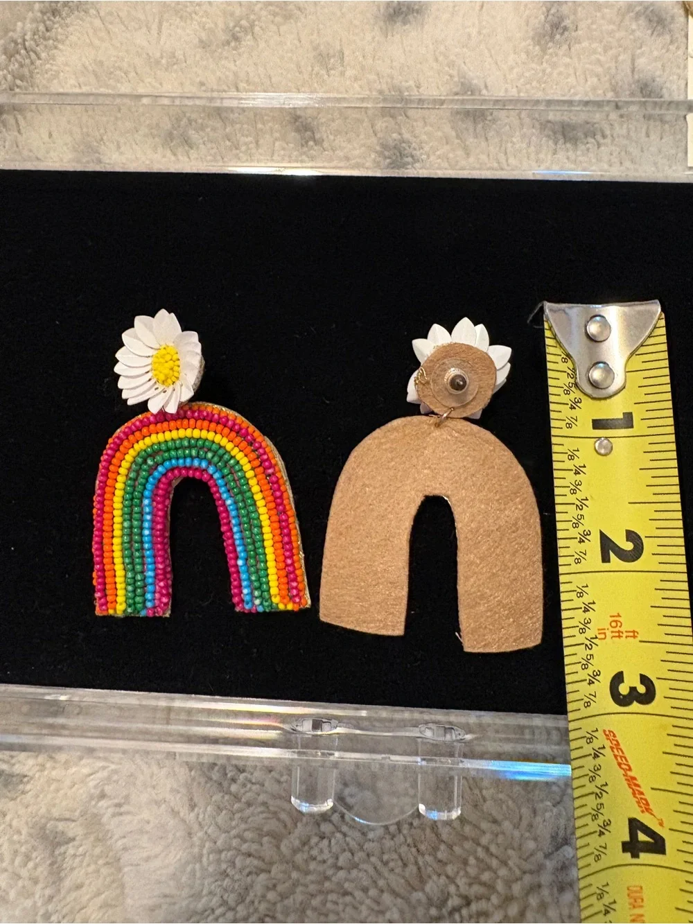 Handcrafted Rainbow Beaded Earrings with Daisy - Multicolor - post backing